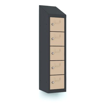 Photo studio du casier téléphonique Lockeel à 5 ​​compartiments et portes fermées, vue de face en angle avec un dessus incliné et des serrures à clés individuelles.