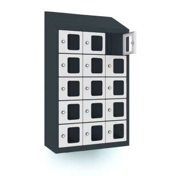 Vue de face en angle du casier téléphonique Lockeel avec 15 compartiments et serrure à clé, avec une des portes en haut à droite ouverte sur l'intérieur.