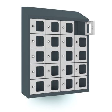 Vue de face du casier téléphonique Lockeel avec 20 compartiments et serrure à clé, avec une des portes ouvertes et les autres fermées.