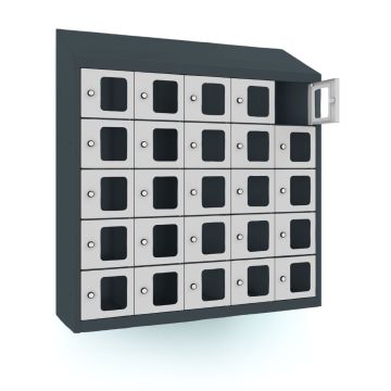 Vue de face inclinée de l'armoire téléphonique Lockeel à 25 compartiments, avec une des portes avec serrure à clé ouverte pour une vue d'ensemble claire.