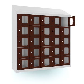 Vue de face inclinée du casier téléphonique Lockeel avec 25 compartiments marron et serrure à clé, avec un compartiment ouvert en haut à droite pour une visibilité supplémentaire.