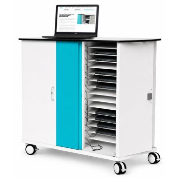 Vue latérale du chariot de chargement Zioxi onView2 avec compartiments ouverts pour 32 ordinateurs portables et un ordinateur portable sur le dessus.