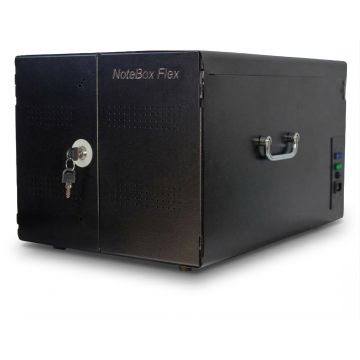 Vue latérale du boîtier de chargement LEBA NoteBox Flex 10 USB-C avec clé et poignée.
