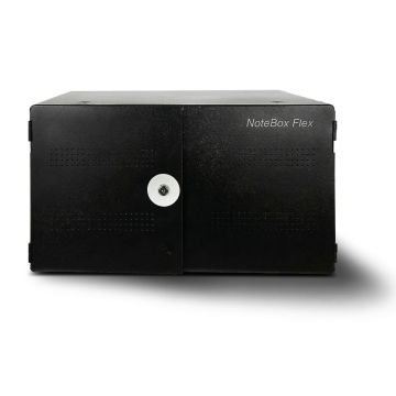 Façade de l'armoire de recharge LEBA NoteBox Flex 16 AC avec portes fermées et serrure RFID.