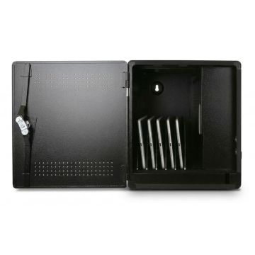 Ouvrez l'armoire de chargement LEBA NoteBox Flex 5 USB-C avec cinq appareils visibles dans les compartiments de chargement.