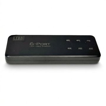 Vue de dessus du chargeur LEBA 6 ports USB-C avec ports visibles et logo de la marque.