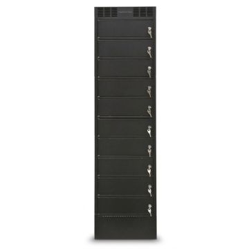 Vue de face du casier de chargement LEBA NoteLocker 10 avec 10 compartiments verrouillés et serrures à clé.