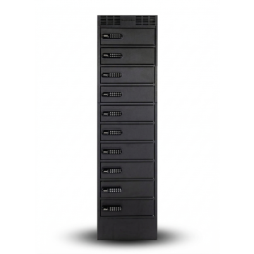 Vue de face du casier de chargement LEBA NoteLocker 10 avec 10 compartiments et serrure électronique à code.