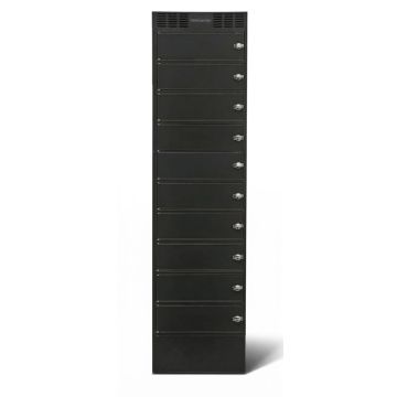 Vue de face du casier de recharge LEBA NoteLocker 10 avec 10 compartiments fermés et préparation cadenas.