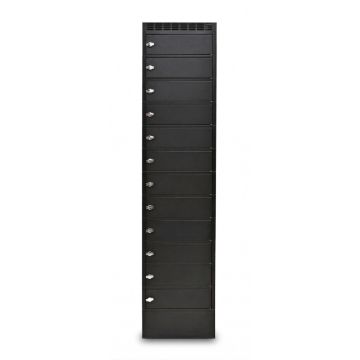 Vue de face du casier de chargement LEBA NoteLocker 12 avec 12 compartiments fermés et préparation cadenas.