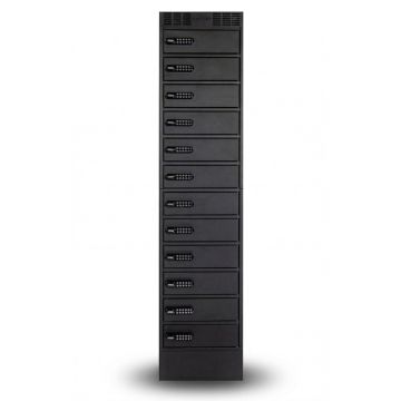 Façade du casier de chargement LEBA NoteLocker 12 avec 12 compartiments et serrures à code électronique.