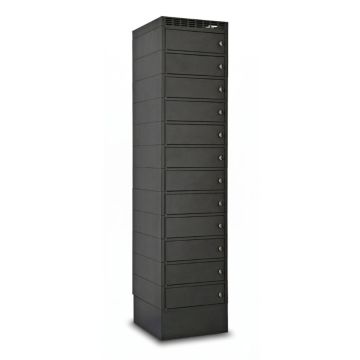 Vue latérale du casier de chargement LEBA NoteLocker 12 avec 12 compartiments fermés et serrure à clé.