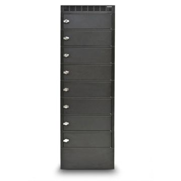 Vue de face du casier de chargement LEBA NoteLocker 8 avec 8 compartiments fermés et préparations pour cadenas.