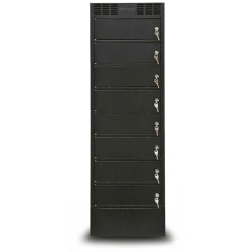 Vue de face du casier de chargement LEBA NoteLocker 8 avec 8 compartiments et serrure à clé, avec compartiments fermés.