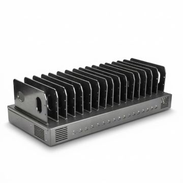 Vue latérale de la station de recharge Torvik OLS-16 avec ports USB-C ouverts et trous de ventilation.