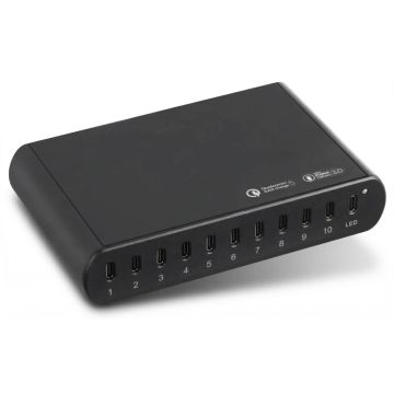 Vue latérale du hub de chargement Torvik OLH-10 USB-C avec 10 ports et indicateur LED.