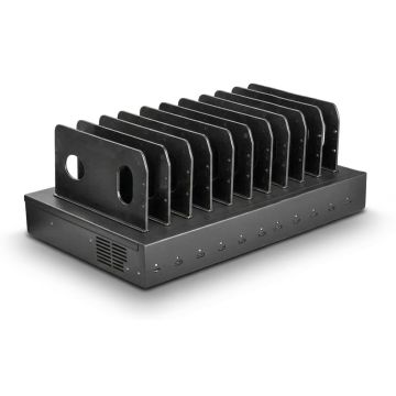Vue latérale de la station de recharge Torvik OLS-10 avec 10 ports et compartiments ouverts pour la gestion des câbles.