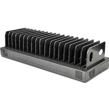 Vue latérale de la station de recharge Torvik OLS-20 avec 20 ports USB-C et compartiments ouverts pour les appareils.