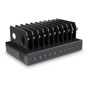 Vue latérale de la borne de recharge Torvik OLS-DC-10 avec compartiments de recharge ouverts pour 10 appareils.