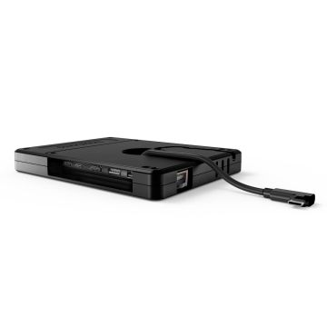 Vue arrière du hub multiport VESA Compulocks Plus Hub avec connexions visibles et câble attaché.