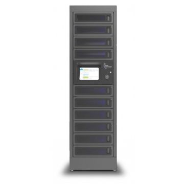 Vue de face du casier de chargement modulaire Power Technologies PT-PRO-10 avec 10 compartiments et écran de contrôle.