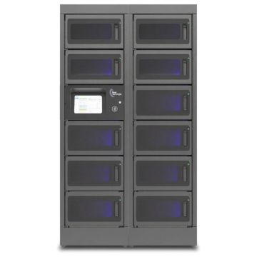 Vue de face du casier de recharge modulaire Power Technologies avec 11 grands compartiments et panneau de commande.