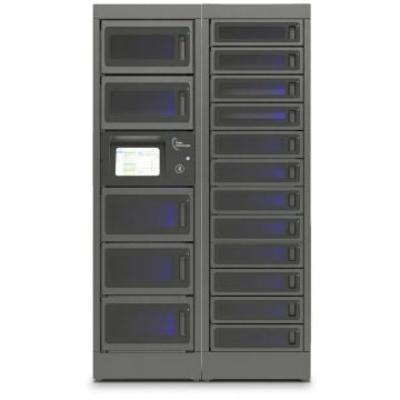 Vue de face du casier de chargement modulaire Power Technologies PT-PRO-17 avec compartiments ouverts et écran de contrôle.