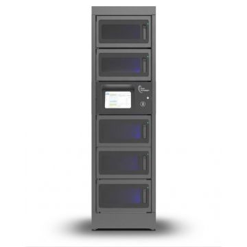 Vue de face du casier de chargement modulaire Power Technologies PT-PRO-5 avec cinq grands compartiments et écran de contrôle.