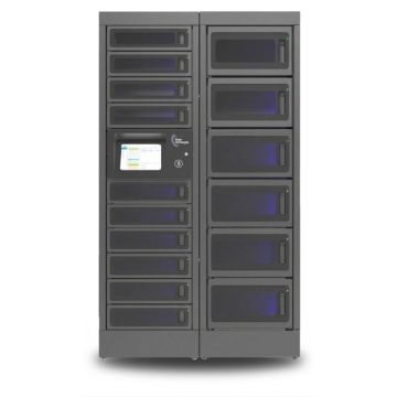 Vue de face du casier de chargement modulaire Power Technologies PT-PRO-16 avec compartiments ouverts et écran de contrôle.