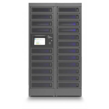 Vue de face du casier de chargement modulaire Power Technologies PT-PRO-22 avec 22 compartiments et écran de contrôle.