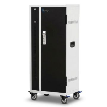 Vue latérale du chariot de chargement CA Power Technologies PT-VERT-GLIDE-24 avec porte fermée et roues pour la mobilité.