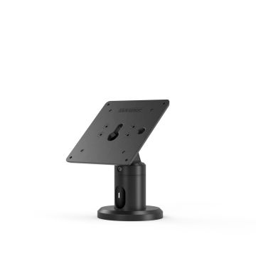 Vue latérale du support de table Compulocks Rise VESA en noir, avec points de montage et entrée de câble visibles.