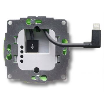 Vue détaillée de l'alimentation intégrée Smart Things sCharge USB-A avec câble Lightning, avec connexions et points de montage visibles.