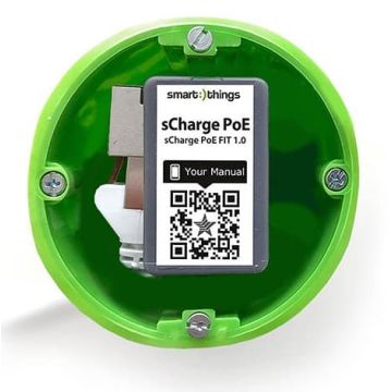 Vue détaillée de l'adaptateur Smart Things sCharge PoE FIT C avec code QR et manuel visibles.