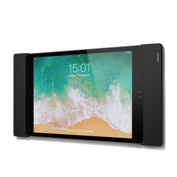 Vue latérale du support mural Smart Things sDock Fix avec iPad 9, noir, monté au mur.