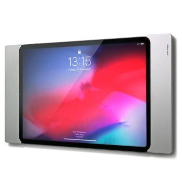 Vue latérale du support mural Smart Things sDock Fix pour iPad Air 11 pouces, monté au mur avec une finition argentée.