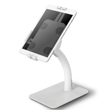 Vue latérale du support de table antivol Scolio avec tablette, bien visible avec passe-câbles et base robuste.
