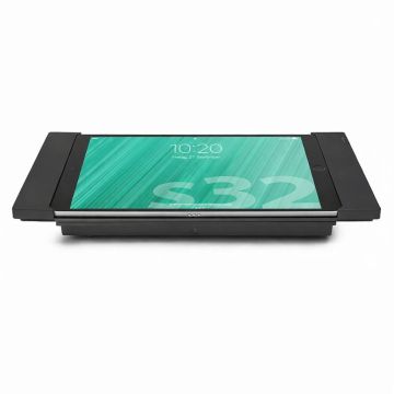 Vue de dessus du support de table Smart Things sDock Fix pour iPad 9, avec un design noir et un iPad en cours d'utilisation.