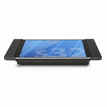 Vue latérale du support de table Smart Things sDock Fix pour iPad Air 11 pouces, noir, avec iPad en cours d'utilisation.