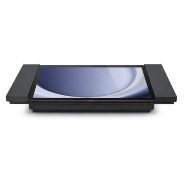 Vue latérale du support de table Smart Things sDock Fix pour Samsung Galaxy Tab A9+, noir, avec une tablette dans le support.