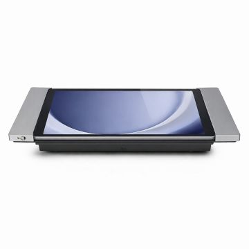 Vue latérale du support de table Smart Things sDock Fix pour Samsung Galaxy Tab A11+, avec une finition argentée.