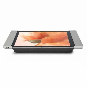 Vue latérale du support de table Smart Things sDock Fix avec Samsung Galaxy Tab S9, utilisé avec un écran clair.