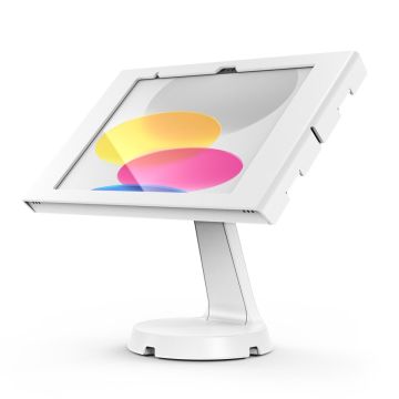 Vue latérale du support de table Compulocks Mast Swell blanc pour iPad 11 pouces, avec un écran clair.