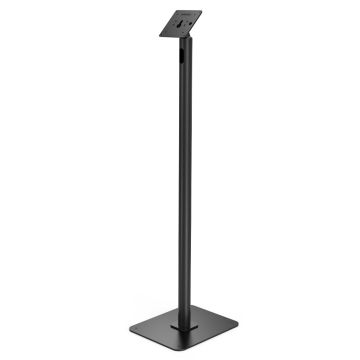 Vue latérale du support de sol Compulocks Swift VESA en noir, avec une base robuste et une plaque de montage pour écrans.