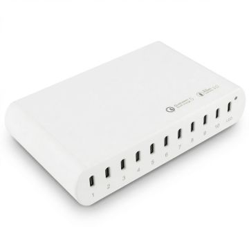 Vue d'angle du hub de chargement USB-C Torvik OLH-10 avec dix ports et indicateur LED.