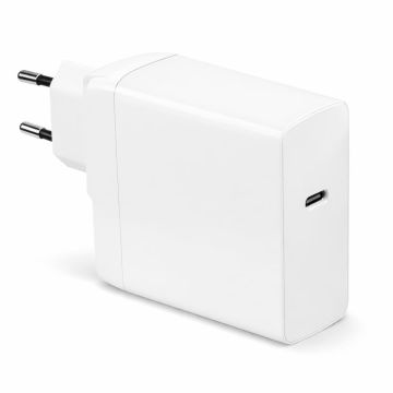 Vue latérale de l'adaptateur USB-C Torvik 100 W avec prise EU en blanc, avec port USB-C visible.