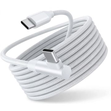 Vue détaillée du câble de chargement et de données Torvik USB-C vers USB-C à angle droit d'une longueur de 3 mètres, en blanc, avec une structure de câble enroulée.
