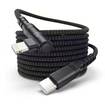 Vue détaillée du connecteur Torvik USB-C vers Lightning coudé avec un câble tressé noir de 3 mètres.