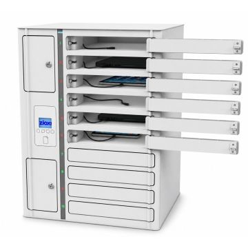 Casier de chargement Zioxi onView pour 10 Chromebooks avec compartiments ouverts, câbles USB-C visibles et panneau de commande RFID intégré en façade.
