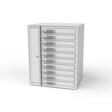 Photo en studio du casier de chargement pour ordinateur portable Zioxi pour 10 ordinateurs portables, présenté en vue de face oblique avec les dix compartiments équipés d'un verrou à code.